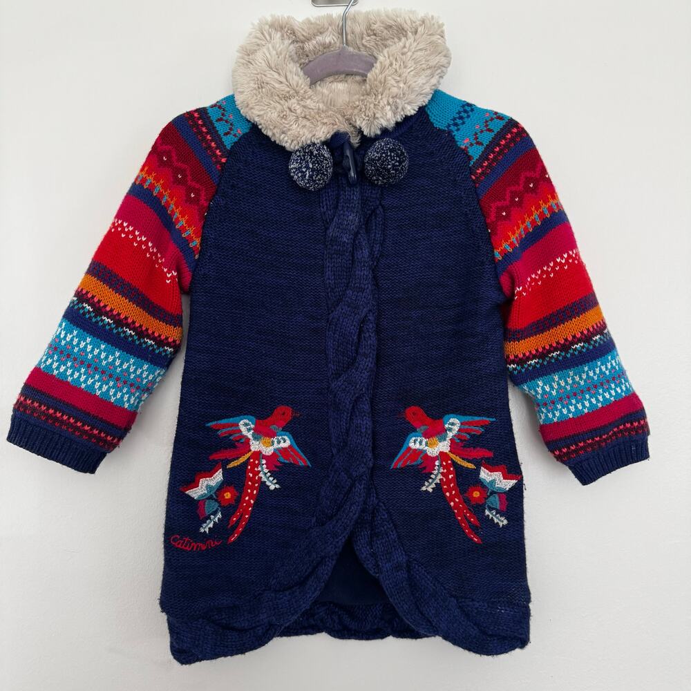 Catimini, French Label, Long-Line Cable-Knit Embroidered Cardigan Coat